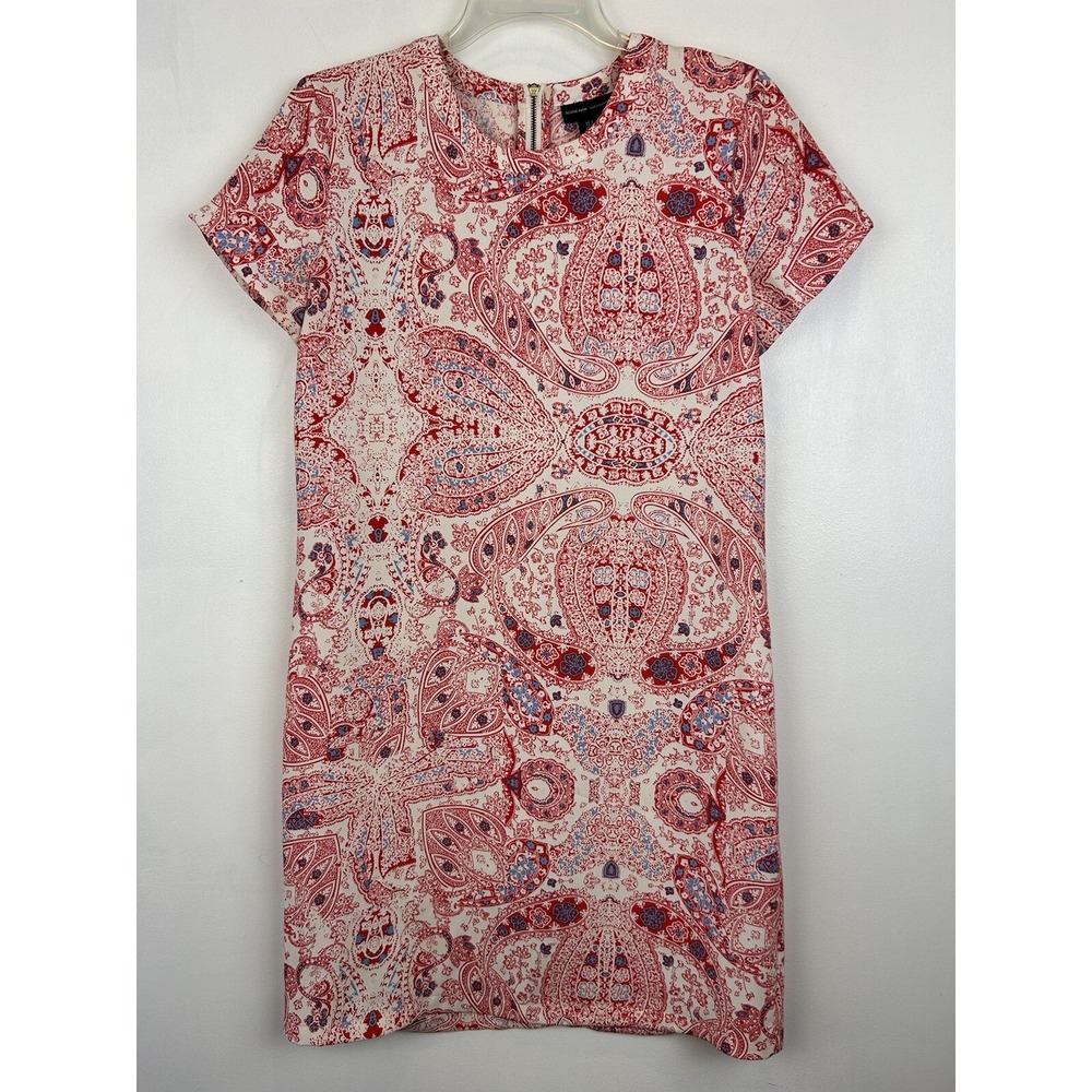 Adrienne Vittadini Womens Dress Casual Size 2 Shift Print Zip Short Sleeve Red